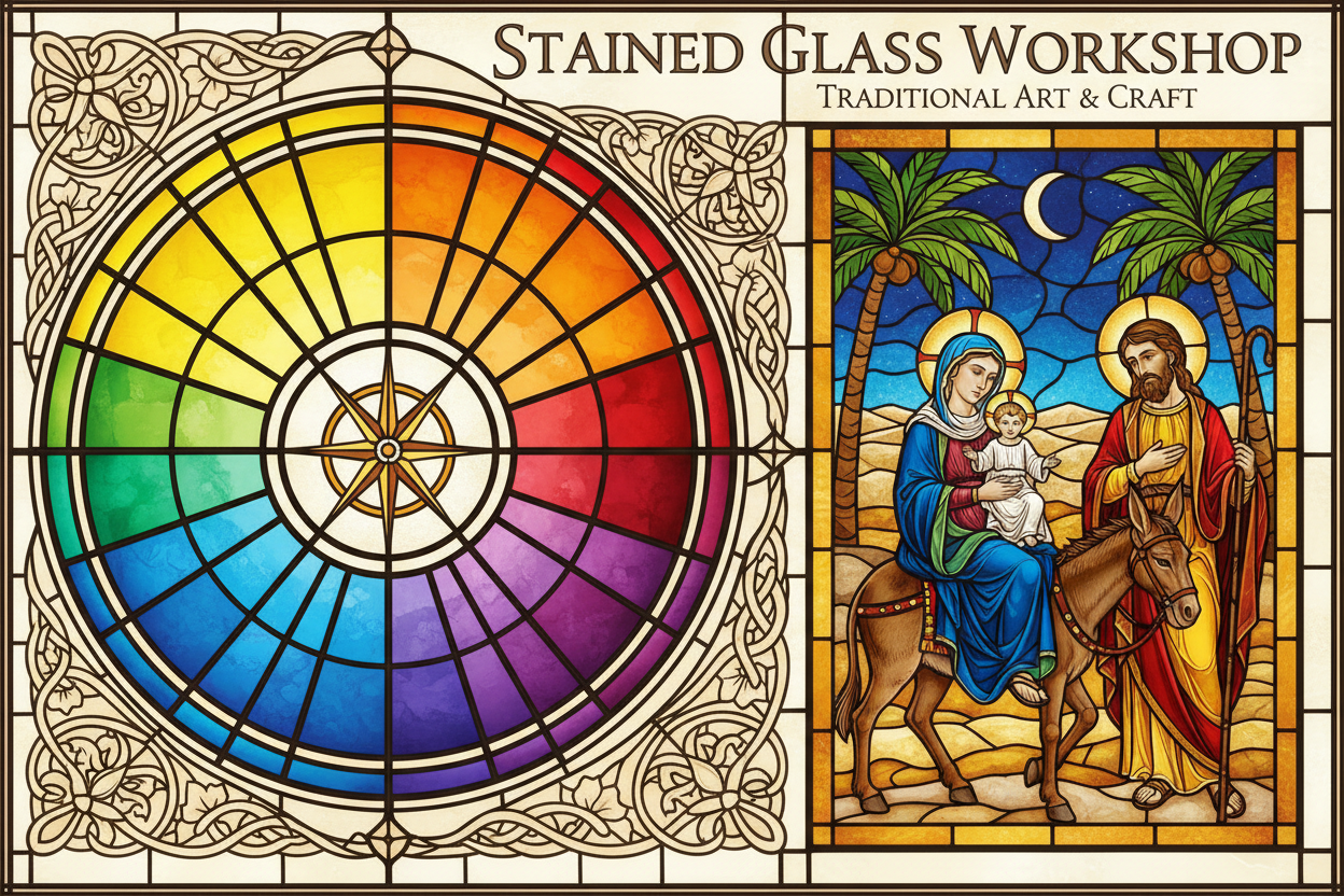 Círculo cromático RYB y vitral de la Sagrada Familia en la huida a Egipto